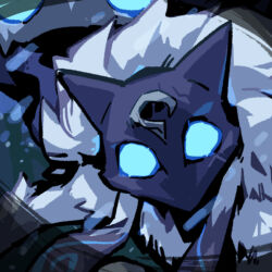 Rule 34 | 1girl, blue eyes, body fur, close-up, furry, furry female, glowing, glowing eyes, head tilt, kindred (league of legends), lamb (league of legends), league of legends, looking at viewer, mask, no pupils, phantom ix row, portrait, solo, two-tone fur, white fur