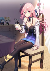 Rule 34 | 1girl, arm support, bed, black pantyhose, breasts, chair, character doll, cleavage, commentary request, cup, dress, full body, gradient dress, halterneck, indoors, looking at viewer, miniskirt, original, pantyhose, parted lips, pink eyes, pink hair, ririko (zhuoyandesailaer), sitting, skirt, smile, solo, teacup, thighs, wooden floor