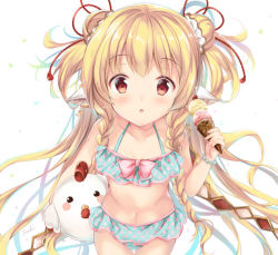 Rule 34 | 1girl, :o, animal ears, bad id, bad pixiv id, bare arms, bare shoulders, bikini, bird, blonde hair, blue bikini, blush, bow, bracelet, braid, chicken, collarbone, commentary request, double bun, double scoop, food, frilled bikini, frills, from above, granblue fantasy, hair bun, hair ornament, halterneck, harvin, holding, holding food, ice cream, ice cream cone, jewelry, long hair, looking at viewer, looking up, mahira (granblue fantasy), navel, parted lips, pink bow, polka dot, polka dot bikini, red eyes, solo, standing, suihi, swimsuit, twin braids, very long hair, white background