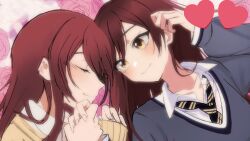 Rule 34 | 2girls, blush, closed eyes, closed mouth, collared shirt, diagonal-striped clothes, diagonal-striped necktie, grey sweater, heart, highres, holding hands, idolmaster, idolmaster shiny colors, long hair, long sleeves, multiple girls, necktie, osaki amana, osaki tenka, red hair, shirt, siblings, sisters, sleeves past wrists, smile, striped clothes, striped necktie, sweater, swept bangs, twins, yellow eyes, yumi san0112