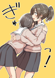 Rule 34 | !, 2girls, absurdres, betock, black skirt, blush, brown hair, brown sweater, commentary request, cowboy shot, from side, highres, hug, long hair, long sleeves, multiple girls, open mouth, original, pleated skirt, ponytail, sailor collar, school uniform, short hair, simple background, skirt, sweater, translation request, white sailor collar, yellow background