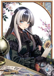 Rule 34 | 1girl, black choker, black gloves, black hair, blue eyes, blunt bangs, border, cherry blossoms, choker, dress, flower, folding fan, globe, gloves, hand fan, highres, holding, holding paper, hololive, hololive dev is, juufuutei raden, lace, lace choker, long hair, looking at viewer, multicolored hair, outside border, paintbrush, paper, ribbon, sitting, smile, solo, streaked hair, tiprip kk, two-tone hair, virtual youtuber, white background, white border