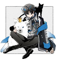 Rule 34 | 1boy, :3, animal, animal on shoulder, axia krone, black cat, black footwear, black gloves, black hair, black jacket, black nails, black pants, black scarf, cat, cat on shoulder, closed mouth, commentary, crown, flame print, gloves, highres, jacket, kino (kino cono), long hair, long sleeves, looking at viewer, male focus, nail polish, nijisanji, off-shoulder jacket, off shoulder, pants, scarf, shoes, solo, symbol-only commentary, virtual youtuber, wolf
