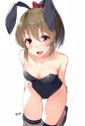 Rule 34 | 1girl, :3, :d, animal ears, arms behind back, bare shoulders, bow, breasts, brown hair, cleavage, collarbone, fake animal ears, fishnet thighhighs, fishnets, gluteal fold, hair between eyes, hair bow, hairband, highres, hori yuuko, idolmaster, idolmaster cinderella girls, leotard, looking at viewer, medium breasts, open mouth, orihi chihiro, playboy bunny, ponytail, rabbit ears, red eyes, simple background, smile, solo, sparkle, thighhighs, twitter username, unmoving pattern, white background, wrist cuffs