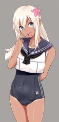 Rule 34 | 10s, 1girl, bad id, bad pixiv id, blonde hair, blue eyes, cowboy shot, flower, hair flower, hair ornament, kantai collection, long hair, ojipon, open mouth, ro-500 (kancolle), smile, solo, swimsuit, tan, tanline