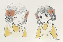 Rule 34 | 1girl, apron, ayu (mog), black hair, blush, bow, braid, bright pupils, brown eyes, closed mouth, commentary, dress, english commentary, grey background, hair bow, looking at viewer, mixed-language commentary, original, red bow, simple background, smile, spot color, twin braids, white apron, yellow dress