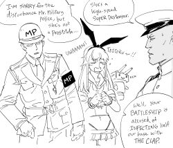Rule 34 | 1girl, 2boys, :3, admiral (kancolle), arrest, bb (baalbuddy), crying, cuffs, english text, greyscale, handcuffs, highres, kantai collection, military police, monochrome, multiple boys, rensouhou-chan, shimakaze (kancolle), sketch, sweatdrop