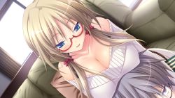 Rule 34 | 1girl, bare shoulders, blonde hair, blue eyes, blush, breast rest, breasts, cleavage, curtains, game cg, glasses, grey hair, hapymaher: fragmentation dream, koku, large breasts, long hair, looking down, pillow, short hair, sitting, smile, twintails, window, yayoi b lutwidge