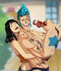 Rule 34 | 1boy, 1girl, ^ ^, abs, aqua hair, ara ara han, black hair, blue male swimwear, blue swim briefs, blurry, blurry background, closed eyes, collarbone, couple, crop top, day, dirty, dirty face, eyelashes, eyewear on head, franky (one piece), hand up, happy, height difference, hetero, highres, holding, hug, hug from behind, leaning back, lips, male swimwear, medium hair, midriff, muscular, muscular male, nico robin, nipples, one piece, open mouth, outdoors, parted bangs, pectorals, sideburns, stomach, sunglasses, swim briefs, swimsuit, tools, topless male, upper body