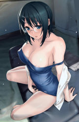 Rule 34 | 1girl, areola slip, black hair, blouse, breasts, full body, glasses, hashimoto takashi, highres, indoors, large breasts, official art, one-piece swimsuit, open clothes, open shirt, scan, scan artifacts, school swimsuit, shirt, short hair, sitting, skirt, solo, swimsuit, swimsuit under clothes, unworn skirt, white shirt, yorihime nao, yosuga no sora