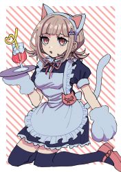 Rule 34 | 1girl, :o, alternate costume, animal ear hairband, animal ear headwear, animal ears, animal hands, apron, black dress, black thighhighs, blunt bangs, border, bow, bowtie, breasts, cat ear hairband, cat ears, commentary, danganronpa (series), danganronpa 2: goodbye despair, dress, drink, enmaided, esu (tasoesu), fake animal ears, fake tail, flipped hair, frilled apron, frills, full body, galaga, gloves, hairband, highres, holding, holding tray, light brown hair, maid, medium breasts, name tag, nanami chiaki, open mouth, paw gloves, pink bow, pink bowtie, pink eyes, pink footwear, red background, short hair, short sleeves, simple background, solo, spaceship hair ornament, striped, striped background, symbol-only commentary, tail, teeth, thighhighs, translated, tray, upper teeth only, white apron, white background, white gloves, white hairband