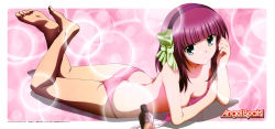 Rule 34 | 10s, 1girl, abe naoto, absurdres, angel beats!, aqua eyes, ass, back, barefoot, bikini, blunt bangs, bottle, bow, breasts, butt crack, cleavage, clenched hand, copyright name, crossed legs, dengeki g&#039;s, dimples of venus, feet, from side, full body, green eyes, hair bow, hairband, highres, holding own arm, legs up, logo, looking at viewer, lotion, lying, official art, on stomach, pink background, pink bikini, purple hair, scan, small breasts, soles, solo, sunscreen, swimsuit, the pose, toes, unfastened, nakamura yuri