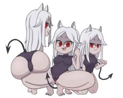 Rule 34 | 3girls, animal ears, ass, bare legs, barefoot, black leotard, cameltoe, cerberus (helltaker), colored skin, covered navel, demon tail, full body, grey skin, helltaker, leotard, long hair, looking at viewer, lotikmac, multiple girls, open mouth, parted bangs, red eyes, silver hair, simple background, smile, spread legs, squatting, tail, tiptoes, white background