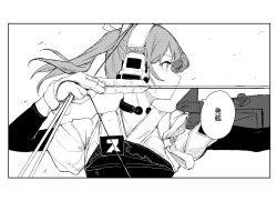 Rule 34 | 1girl, 1koma, aiming, arrow (projectile), bow (weapon), comic, daigaku jitome, from side, gloves, greyscale, hair ribbon, headphones, highres, holding, holding bow (weapon), holding weapon, japanese clothes, kantai collection, long hair, monochrome, muneate, partially fingerless gloves, profile, ribbon, solo, tasuki, translation request, twintails, weapon, zuikaku (kancolle)