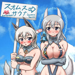 Rule 34 | 1girl, animal ears, aurora e. juutilainen, breasts, eila ilmatar juutilainen, finnish air force, finnish army, grey hair, military, military rank insignia, military uniform, morrie, nameplate, one-piece thong, siblings, sign, sisters, strike witches, tagme, tail, tearing up, underboob, uniform, white hair, world witches series