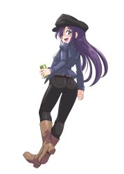 Rule 34 | 1girl, :d, ass, belt, bichosan, black pants, blush, boots, brown footwear, burn scar, can, casual, commentary, english commentary, full body, hair over one eye, hat, highres, holding, holding can, ikezawa hanako, katawa shoujo, long hair, looking at viewer, looking back, open mouth, pants, purple eyes, purple hair, scar, simple background, smile, solo, white background