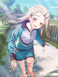 Rule 34 | 1girl, blonde hair, blush, commentary request, day, exhausted, floating hair, gakuen idolmaster, hair ornament, hairclip, highres, idolmaster, jacket, long hair, official art, open mouth, orange eyes, outdoors, running, shinosawa hiro, shorts, solo, sunlight, sweat, track jacket