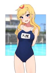 Rule 34 | 1girl, arms behind back, bare arms, bare shoulders, blonde hair, blue eyes, blurry, blurry background, blush, bow, breasts, cameltoe, collarbone, commentary request, covered navel, hair bow, hair ornament, hairband, highres, idolmaster, idolmaster cinderella girls, long hair, looking at viewer, medium breasts, minakamirin, ohtsuki yui, open mouth, red bow, school swimsuit, smile, solo, swimsuit, white background, white hairband