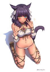 Rule 34 | 10s, 1girl, absurdres, animal ears, ankle lace-up, aruma jiki, bare shoulders, black hair, blue eyes, blush, breasts, cat ears, cat tail, chestnut mouth, crop top, cross-laced footwear, dark-skinned female, dark skin, detached sleeves, double v, eyebrows, facial mark, final fantasy, final fantasy xiv, from above, full body, hair ornament, heterochromia, high heels, highres, jewelry, kneeling, looking at viewer, medium breasts, midriff, miqo&#039;te, navel, necklace, no pants, panties, shadow, shiny skin, solo, sparkle, stomach, strapless, tail, tassel, twitter username, underwear, v, warrior of light (ff14), whisker markings, white background, white panties, yellow eyes