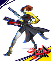 Rule 34 | 1girl, arc system works, armor, boots, brown hair, evoker, glaive (polearm), gloves, messiah (megami tensei), naginata, persona, persona 3, persona 3 portable, persona 4: the ultimate in mayonaka arena, polearm, ponytail, red eyes, red hair, ribbon, scarf, shiomi kotone, solo, weapon