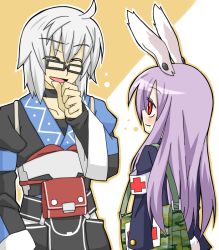 Rule 34 | 1boy, 1girl, ahoge, animal ears, armband, bag, blush, choker, closed eyes, colored eyelashes, cross, from behind, glasses, hand to own mouth, jacket, japanese clothes, light purple hair, long hair, long sleeves, looking at another, morichika rinnosuke, open mouth, outline, rabbit ears, rabbit tail, red cross, red eyes, reisen udongein inaba, sag (karehabase), satchel, short hair, silver hair, smile, suit jacket, tail, touhou, two-tone background