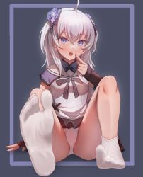 Rule 34 | 1girl, absurdres, ahoge, azuma seren, bad id, bad pixiv id, blanche fleur, blue eyes, blue flower, blush, breasts, chinese commentary, commentary request, cross, cross earrings, crossed bangs, earrings, feet, finger to mouth, fingerless gloves, flower, foot focus, foreshortening, gloves, grey hair, hair flower, hair ornament, hair ribbon, highres, jewelry, legs, looking at viewer, miniskirt, no shoes, open mouth, panties, pantyshot, ribbon, shadow, shiny skin, short sleeves, sidelocks, skirt, small breasts, soles, tabi, taichi suzuki, thighs, toes, two side up, underwear, virtual youtuber, white hair, white panties