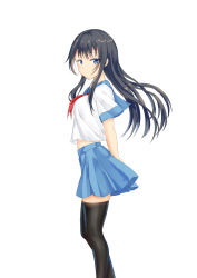 Rule 34 | 1girl, arched back, arms behind back, black hair, black thighhighs, blue eyes, blue sailor collar, blue skirt, blush, breasts, from side, highres, huanxiang xiangde xiaoyue, long hair, looking at viewer, midriff, neckerchief, original, pleated skirt, red neckerchief, sailor collar, school uniform, serafuku, short sleeves, simple background, skirt, small breasts, smile, solo, thighhighs, white background, zettai ryouiki