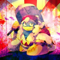 Rule 34 | anniversary, beanie, blue eyes, commentary request, fur-trimmed robe, fur-trimmed sleeves, fur trim, gloves, grin, half-closed eye, hammer, hat, holding, holding hammer, huge weapon, japanese clothes, kimono, king dedede, kirby (series), long sleeves, looking at viewer, male focus, nintendo, no humans, open clothes, open mouth, open robe, petals, pom pom (clothes), pom pom beanie, red background, red hat, red robe, robe, shirushiki, smile, solo, spotlight, teeth, triangle print, two-tone background, v-shaped eyebrows, weapon, white background, white kimono, yellow gloves
