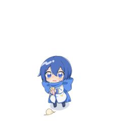 Rule 34 | 1boy, 7takada, black pants, blue eyes, blue hair, blue scarf, blush, chibi, coat, crying, crying with eyes open, food, hair between eyes, holding, holding food, holding ice cream, ice cream, ice cream cone, ice cream cone spill, kaito (vocaloid), open mouth, pants, ribbon-trimmed scarf, scarf, short hair, tears, vocaloid, white background, white coat
