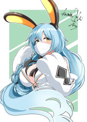Rule 34 | 1girl, animal ears, animal hands, azur lane, blue hair, blush, boise (azur lane), boise (muse) (azur lane), border, breasts, fake animal ears, green background, idol, idol clothes, kamitsuki shion, large breasts, long hair, looking at viewer, mask, mouth mask, official alternate costume, outside border, signature, simple background, solo, upper body, very long hair, white border, white mask, yellow eyes
