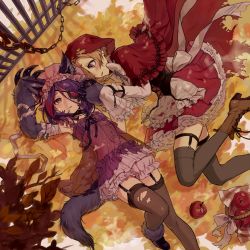 Rule 34 | 2girls, animal ears, animal hands, apple, apron, arms up, autumn leaves, babydoll, bad id, bad pixiv id, bandaged arm, bandages, basket, big bad wolf, big bad wolf (cosplay), black collar, black legwear, blonde hair, blood, blood on clothes, bloomers, blush, boots, bow, bowtie, brown footwear, brown legwear, capelet, chain, cloak, collar, corset, cosplay, cross-laced footwear, earrings, eyepatch, fence, food, frilled apron, frills, fruit, garter straps, gloves, gradient hair, hair over one eye, hands in opposite sleeves, hat, hayasaka mirei, high heel boots, high heels, highres, hood, hooded capelet, idolmaster, idolmaster cinderella girls, jewelry, lace-up boots, leaf, little red riding hood, little red riding hood (grimm), little red riding hood (grimm) (cosplay), long hair, long sleeves, lying, miniskirt, mob cap, multicolored hair, multiple girls, navel, on back, on side, parted lips, paw gloves, pink hat, plaid, pleated skirt, purple hair, red apple, red capelet, red cloak, red eyes, red hair, red skirt, see-through, shirasaka koume, shirt, short hair, skirt, spiked collar, spikes, tail, tamaext, thighhighs, torn clothes, torn legwear, underwear, waist apron, white apron, white bloomers, white bow, white neckwear, white shirt, white skirt, wolf ears, wolf girl, wolf tail