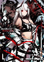 Rule 34 | 1girl, absurdres, arknights, bare shoulders, character name, commentary, copyright name, cowboy shot, crop top, highres, horns, long hair, looking at viewer, midriff, mudrock (arknights), mudrock (elite ii) (arknights), off shoulder, pointy ears, red eyes, silver hair, solo, sports bra, standing, tfnfe sach