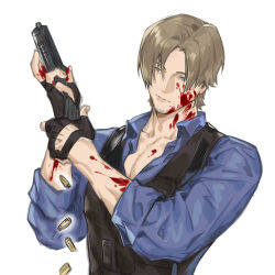 Rule 34 | 1boy, absurdres, blood, blood on face, blood on hands, blue eyes, blue shirt, brown hair, casing ejection, curtained hair, facial hair, fingerless gloves, gloves, gun, highres, holding, holding gun, holding weapon, leon s. kennedy, male focus, naijarski, pectoral cleavage, pectorals, resident evil, resident evil 6, shell casing, shirt, short hair, solo, stubble, trigger discipline, upper body, vest, waistcoat, weapon, wing shooter
