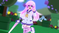 Rule 34 | 1girl, 3d, ahoge, blue eyes, blush, collarbone, d-pad, d-pad hair ornament, dogoo, dress, eyebrows, face, female focus, flower, glowing, gs-mantis, hair ornament, highres, holding, holding sword, holding weapon, lips, long hair, looking at viewer, nepgear, neptune (series), open mouth, outdoors, pink hair, shoes, smile, solo, standing, standing on one leg, striped clothes, striped thighhighs, sword, teeth, thighhighs, tongue, tree, upper teeth only, uvula, weapon