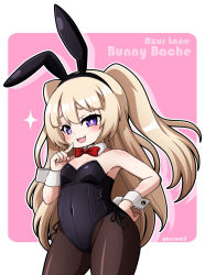 Rule 34 | 1girl, :3, animal ears, azur lane, bache (azur lane), black leotard, black pantyhose, blonde hair, bow, bowtie, breasts, character name, commentary request, cowboy shot, detached collar, fake animal ears, kurono, leotard, long hair, looking at viewer, pantyhose, playboy bunny, purple eyes, rabbit ears, rabbit girl, rabbit tail, red bow, red bowtie, small breasts, smile, solo, standing, strapless, strapless leotard, tail, two-tone background, two side up, wrist cuffs