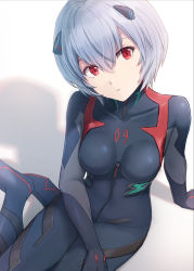 Rule 34 | 1girl, ayanami rei, black bodysuit, blue hair, bodysuit, breasts, commentary, eyes visible through hair, from above, hand on floor, hand on own thigh, head tilt, headgear, highres, hyuuga azuri, interface headset, long sleeves, looking at viewer, multicolored clothes, neon genesis evangelion, on floor, parted lips, pilot suit, plugsuit, rebuild of evangelion, red eyes, shadow, short hair, simple background, sitting, solo, white background, zipper
