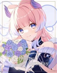 Rule 34 | 1girl, bare shoulders, blue flower, blue hair, bouquet, bow-shaped hair, closed mouth, colored tips, detached collar, detached sleeves, english text, flower, genshin impact, gloves, happy birthday, highres, holding, holding bouquet, long hair, looking at viewer, multicolored eyes, multicolored hair, pink hair, pomufuwari, purple flower, sangonomiya kokomi, sidelocks, smile, solo, thick eyebrows, upper body, white flower, white gloves