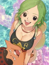 Rule 34 | 1girl, absurdres, backpack, bag, bare shoulders, black tank top, breasts, camie (one piece), cleavage, collarbone, commentary, eyewear on head, from above, green hair, hat, highres, holding, jewelry, large breasts, looking at viewer, looking up, mermaid, monster girl, necklace, one piece, open mouth, pappug, scales, short hair, smile, starfish, sunglasses, tank top, urasanmyaku, water