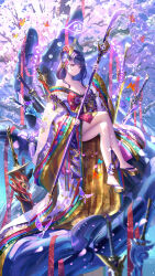 1girl alternate_costume bare_legs breasts chinese_commentary cleavage closed_mouth collarbone commentary_request crossed_legs feet flower footwear_request genshin_impact hair_flower hair_ornament hebbtia highres holding holding_polearm holding_weapon japanese_clothes kimono large_breasts looking_at_viewer mixed-language_commentary mole mole_under_eye naginata off_shoulder platform_clogs polearm purple_eyes purple_flower purple_hair purple_kimono purple_theme raiden_shogun sitting solo toes weapon wide_shot