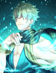 Rule 34 | 1boy, abs, aladdin (sinoalice), aqua eyes, blonde hair, bracelet, closed mouth, glowing, hinata mizuiro, japanese clothes, jewelry, kimono, looking at viewer, male focus, open clothes, scarf, short hair, sinoalice, solo, striped clothes, striped scarf