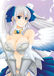 Rule 34 | 1girl, asaki yukia, bad id, bad pixiv id, bare shoulders, blue eyes, breasts, choker, cleavage, gauntlets, hair ribbon, large breasts, long hair, ribbon, silver hair, solo, sword, twintails, valkyrie, very long hair, weapon, wings