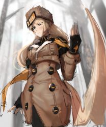 Rule 34 | 1girl, black pantyhose, blonde hair, blue eyes, breasts, brown capelet, brown coat, buttons, capelet, coat, curvy, fingerless gloves, forest, fur hat, gloves, guilty gear, guilty gear strive, hat, highres, incoming attack, kamrinwebby, long hair, looking at viewer, medium breasts, millia rage, nature, pantyhose, prehensile hair, solo, standing, ushanka, very long hair, wide hips, winter clothes, winter coat
