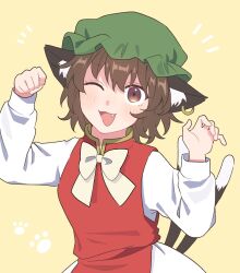 Rule 34 | 1girl, ;d, animal ear fluff, animal ear piercing, animal ears, bow, bowtie, brown eyes, brown hair, cat ears, cat tail, chen, commentary request, earrings, green hat, hair between eyes, hands up, hat, highres, jewelry, light blush, long sleeves, looking at viewer, mob cap, multiple tails, nekomata, notice lines, one eye closed, open mouth, orange background, paw pose, puffy long sleeves, puffy sleeves, red vest, sakic43899, short hair, simple background, single earring, smile, solo, tail, touhou, two tails, upper body, vest, white bow, white bowtie
