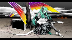 Rule 34 | 1girl, album cover, aqua eyes, aqua hair, armor, cable, cover, dragon, dress, electric guitar, female focus, greaves, guitar, hatsune miku, headphones, high heels, highres, instrument, letterboxed, long hair, nagimiso, outdoors, plectrum, sitting, solo, tree, twintails, vocaloid