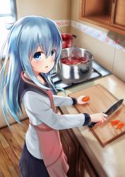Rule 34 | 10s, 1girl, :o, akabane hibame, apron, black skirt, blue eyes, blue hair, borscht (food), cabinet, carrot, cooking, counter, cutting board, food, from above, from side, hair between eyes, hibiki (kancolle), holding, holding food, holding knife, indoors, kantai collection, kitchen, kitchen knife, knife, long hair, long sleeves, looking at viewer, looking to the side, open mouth, pink apron, pleated skirt, pot, school uniform, serafuku, shirt, skirt, solo, stove, verniy (kancolle), white shirt, window, wooden floor