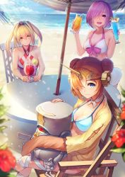 Rule 34 | 3girls, absurdres, alternate costume, antenna hair, bare shoulders, beach, bikini, bikini skirt, bikini top only, blonde hair, blue bikini, blue eyes, bow, bow bikini, breasts, choker, cleavage, cup, day, drink, drinking glass, fate/grand order, fate (series), frankenstein&#039;s monster (fate), frankenstein&#039;s monster (swimsuit saber) (first ascension) (fate), green eyes, hair between eyes, highres, looking at viewer, mash kyrielight, medium breasts, multiple girls, nero claudius (fate), nero claudius (fate) (all), nero claudius (swimsuit caster) (fate), ocean, open mouth, purple eyes, purple hair, sitting, smile, standing, striped bikini, striped clothes, summer, swimsuit, tropical drink, white bikini