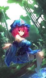 Rule 34 | 1girl, absurdres, artistic error, bare shoulders, barefoot, blue dress, blue hat, breasts, chiroru (cheese-roll), commentary, dress, frills, hair between eyes, hand up, hat, highres, large breasts, leaf, long sleeves, mob cap, nature, off shoulder, parted lips, pink hair, red eyes, saigyouji yuyuko, short dress, short hair, sitting, solo, thigh strap, thighs, touhou, triangular headpiece, water, wide sleeves, wrong foot