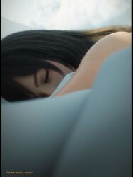 Rule 34 | 1girl, 3d, absurdres, bed, black hair, closed eyes, daz studio (medium), highres, long hair, looking at viewer, morning, original, photorealistic, pillarboxed, realistic, shoe lace (shoe lac3), sleeping, solo