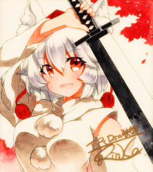 Rule 34 | 1girl, animal ears, arm up, bad id, bad pixiv id, breasts, detached sleeves, hair between eyes, hat, holding, holding sword, holding weapon, inubashiri momiji, looking at viewer, medium breasts, pom pom (clothes), qqqrinkappp, red eyes, red hat, shikishi, short hair, signature, solo, sword, tokin hat, touhou, traditional media, upper body, weapon, white hair, wolf ears