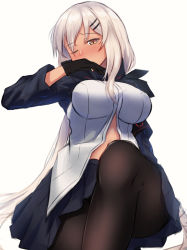 Rule 34 | 1girl, armband, black gloves, black pantyhose, blue skirt, blush, book, breasts, covering own mouth, dark-skinned female, dark skin, girls&#039; frontline, gloves, hair between eyes, hair ornament, hairclip, highres, knee up, large breasts, long hair, looking at viewer, m590 (girls&#039; frontline), midriff, navel, one eye closed, open book, pantyhose, pleated skirt, shiroteru, sidelocks, silver hair, simple background, sitting, skirt, solo, very long tail, white background, yellow eyes